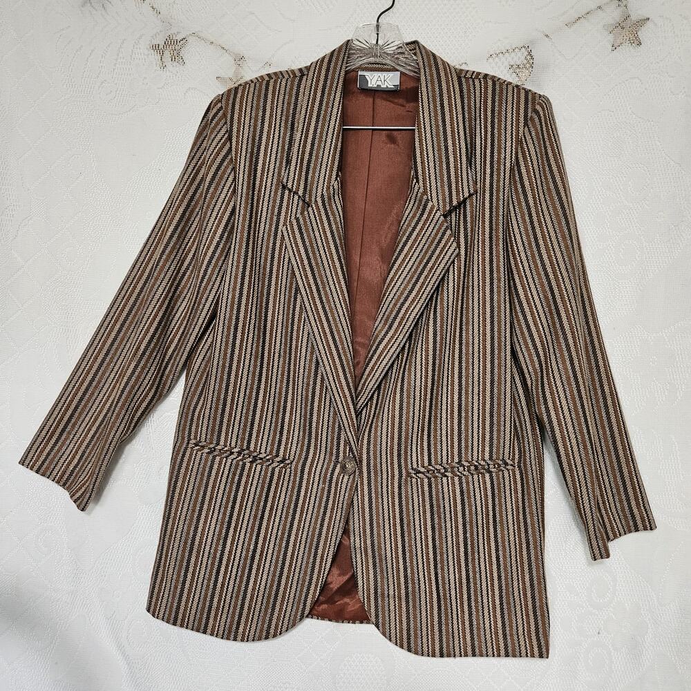 Yak Women Medium Vintage Wool Stripe Jacket Blazer 90s Artsy Boho USA Casual
